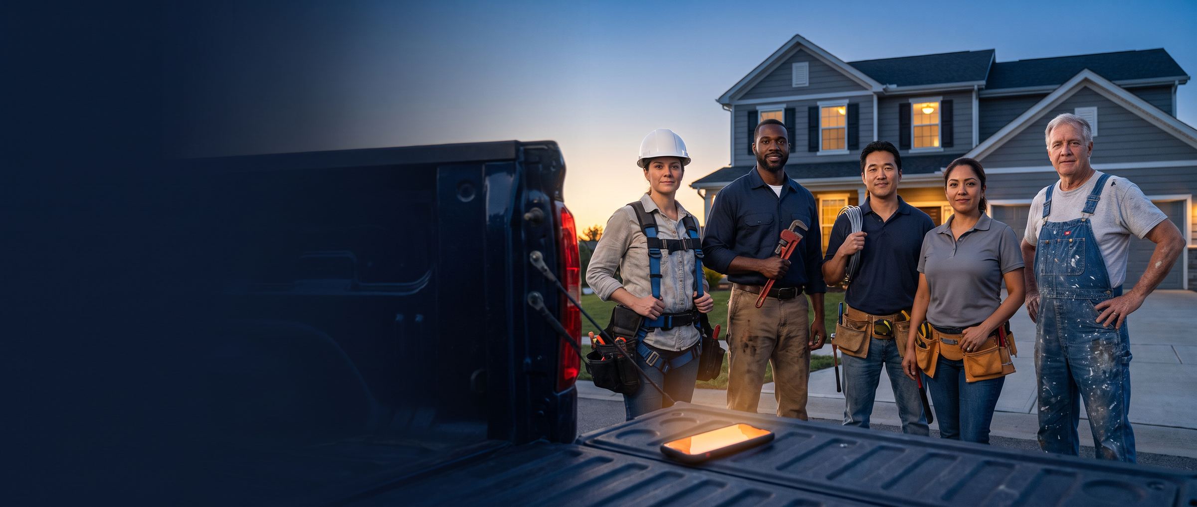 A crew of contractors at the tailgate of a work truck at dusk while a phone rings on the tailgate